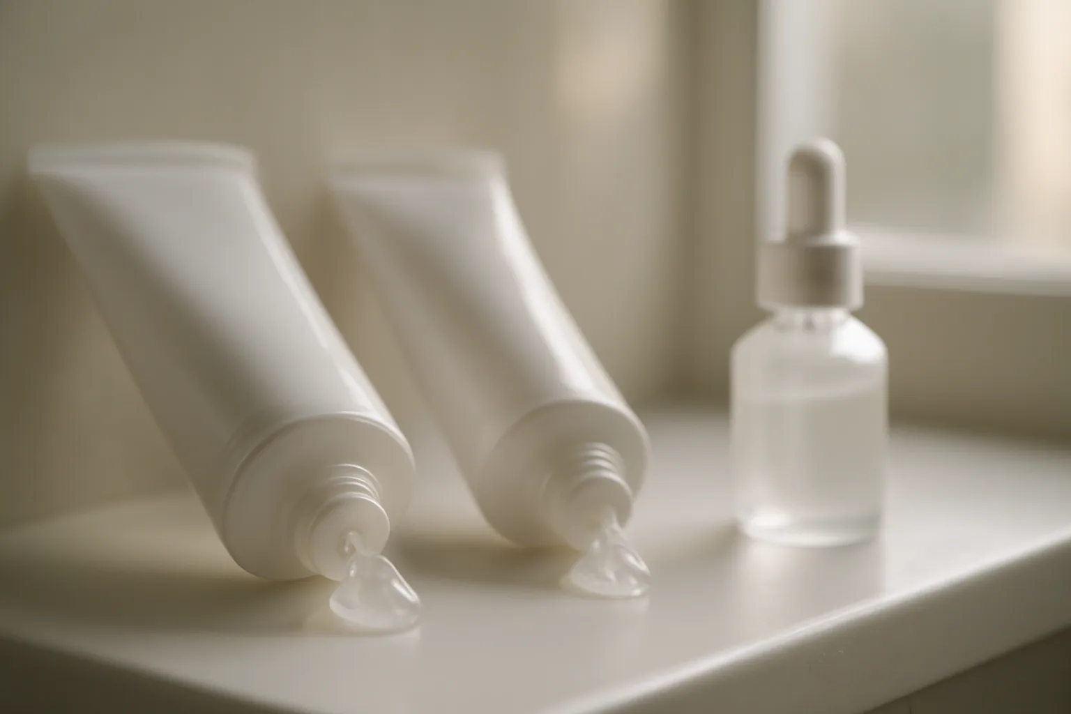 Two unlabeled topical acne gel tubes side by side on a bathroom shelf