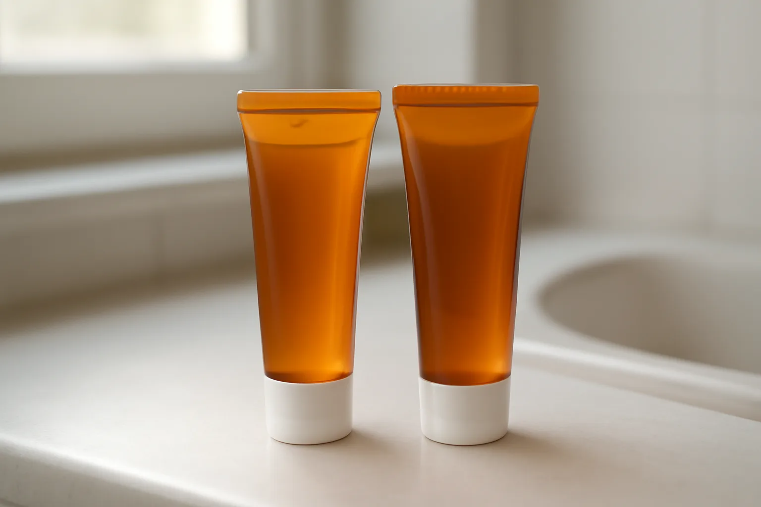 Two unlabeled topical acne gel tubes compared side by side on a counter