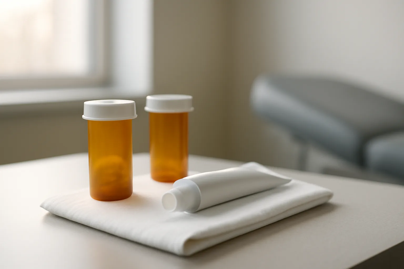 Topical gel tube and pill bottles on a clinic counter comparing dapsone and spironolactone treatments