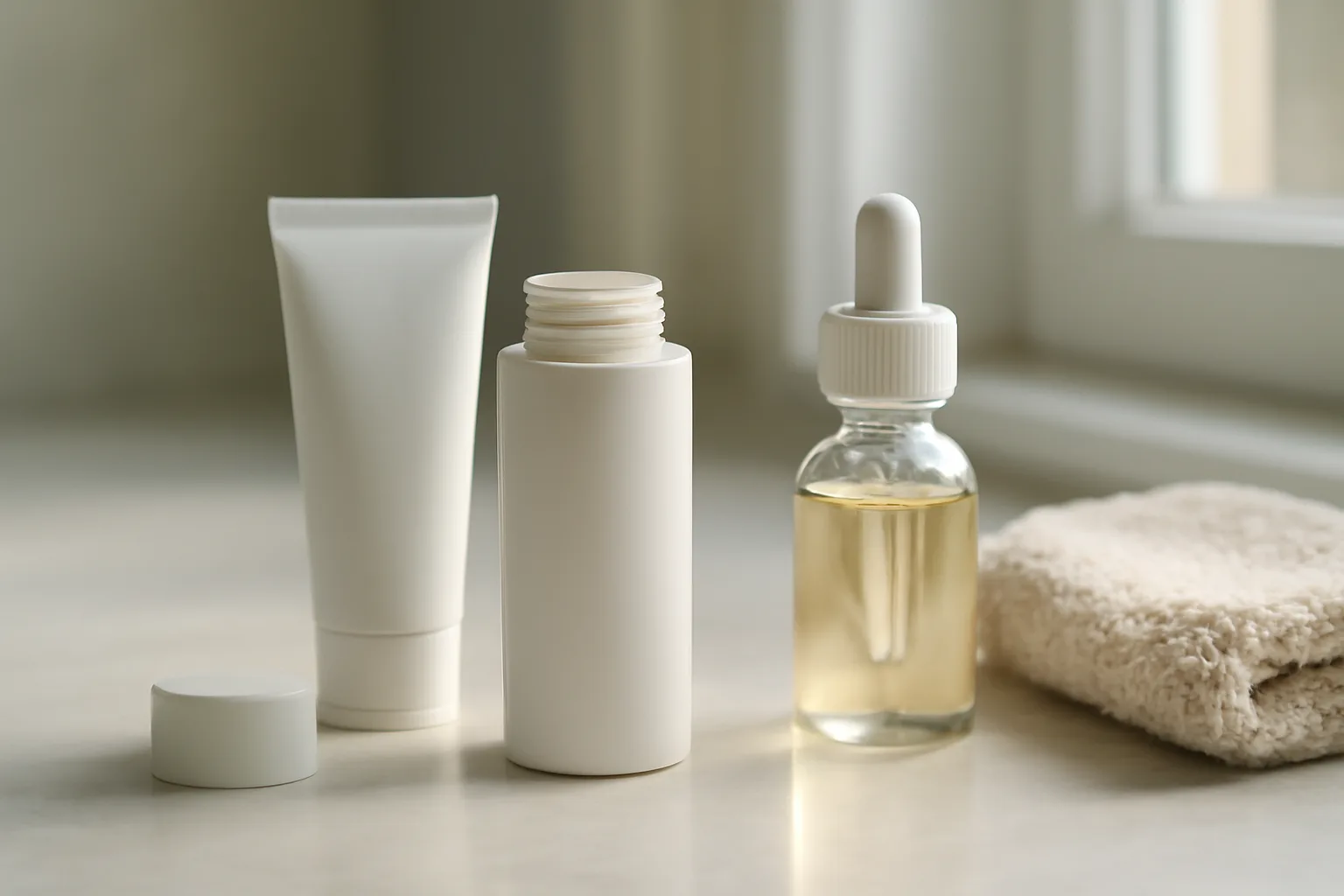 Two acne treatment tubes on a bathroom counter in soft morning light