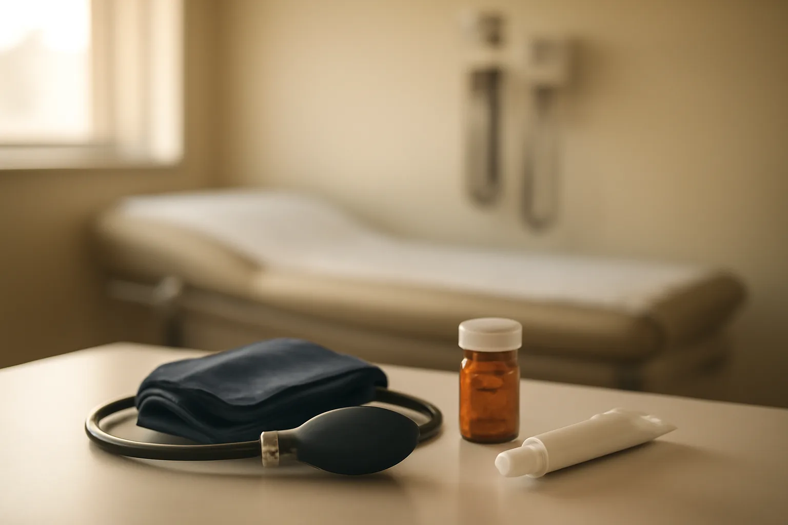 Exam room counter with medication tube and vial representing a dapsone treatment cycle