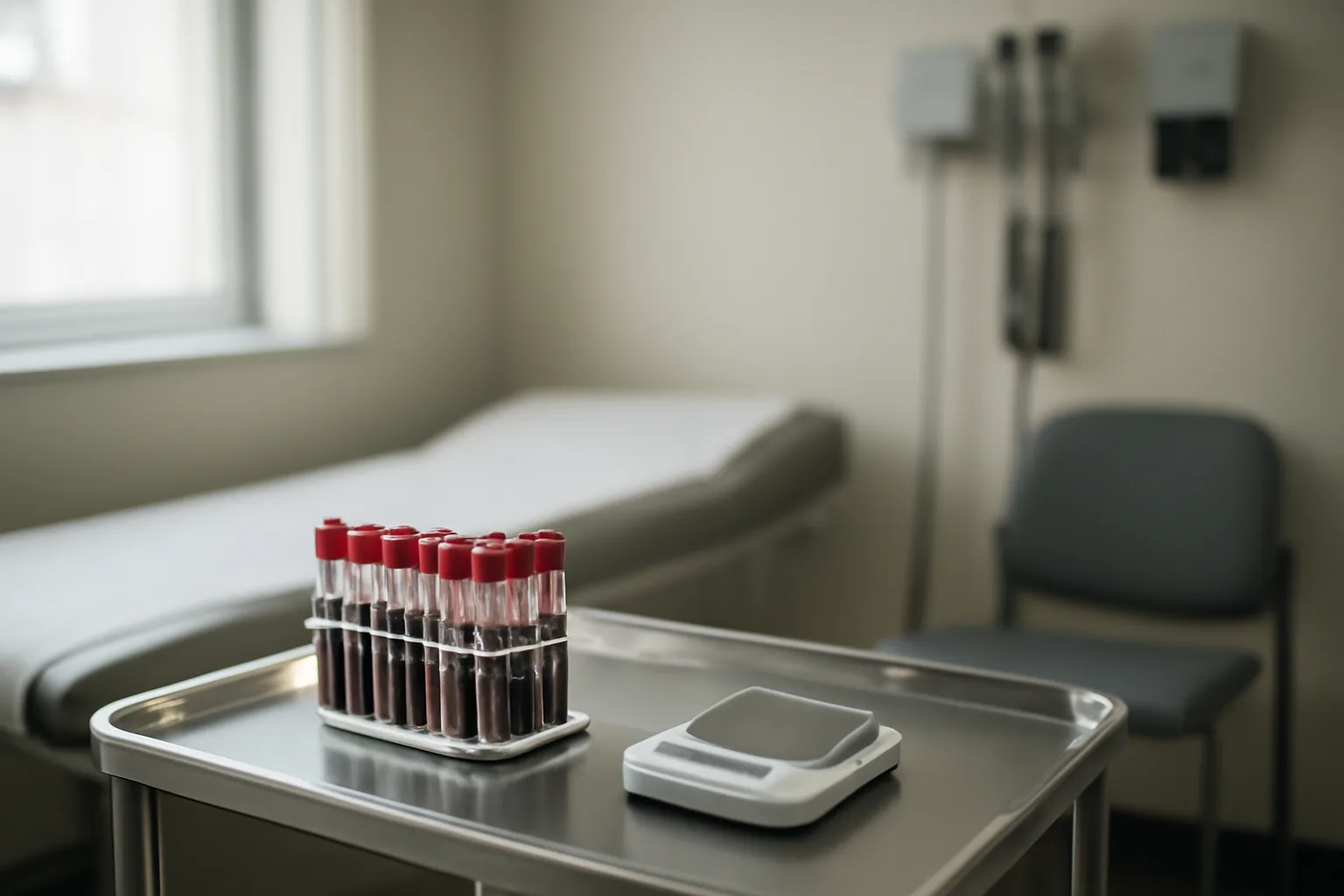 Blood draw tubes and a scale on a clinic tray, representing dapsone dosing and G6PD testing