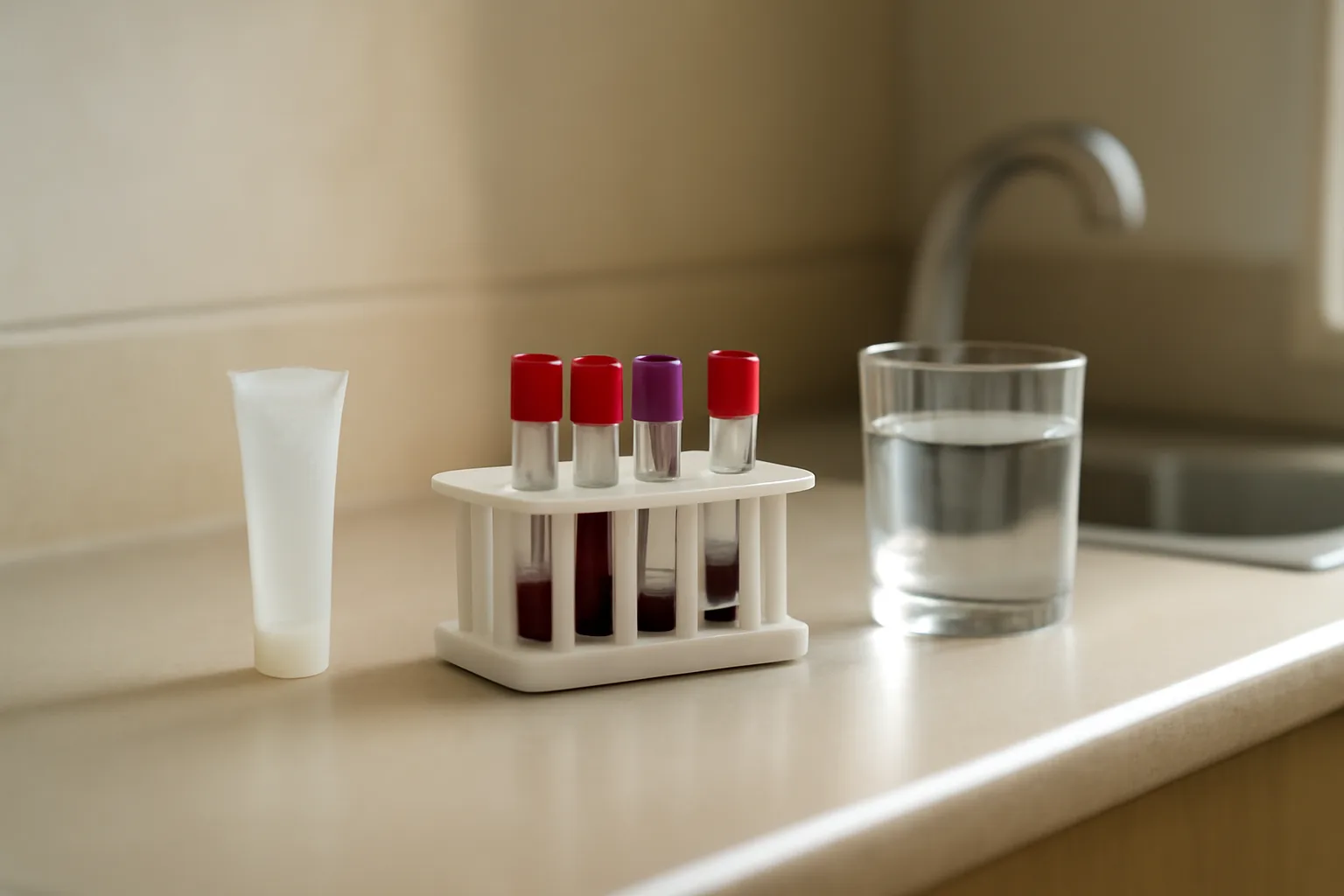 Exam room counter showing blood test vial rack beside topical gel tube for dapsone dosage comparison