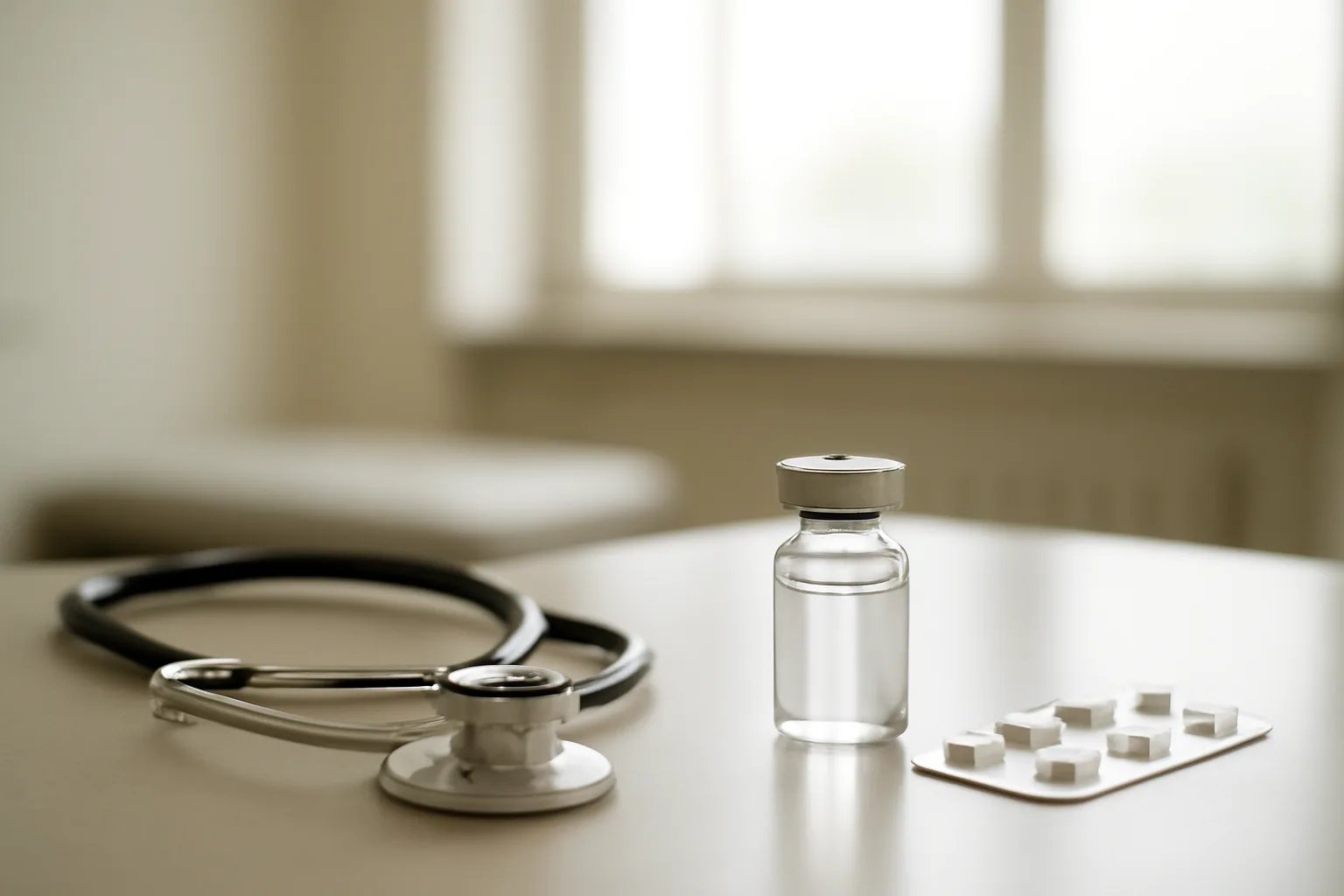 Clinical counter with vial and blister strip illustrating dapsone half-life and dosing