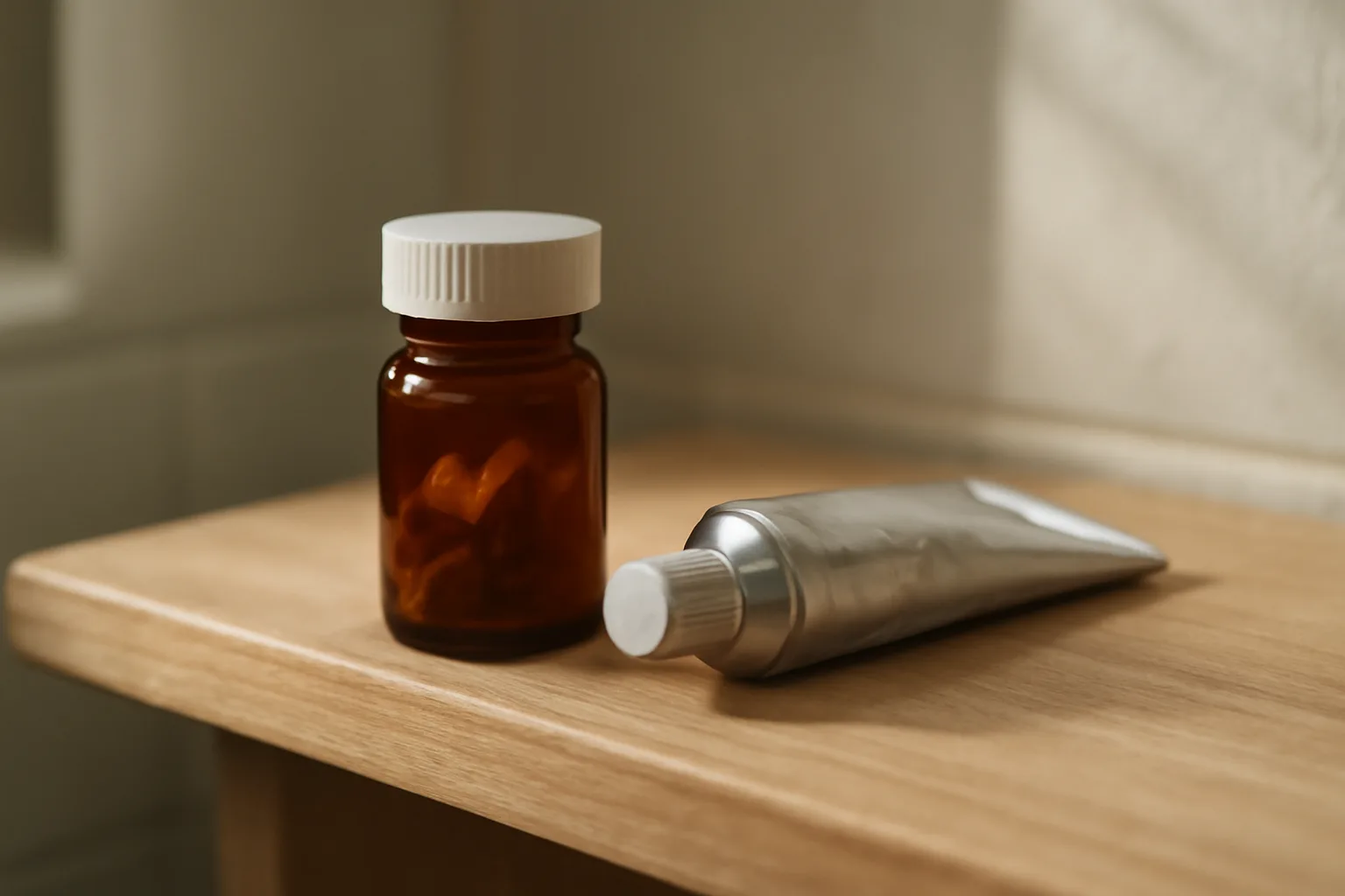Prescription bottle and gel tube on a shelf, illustrating dapsone storage at room temperature