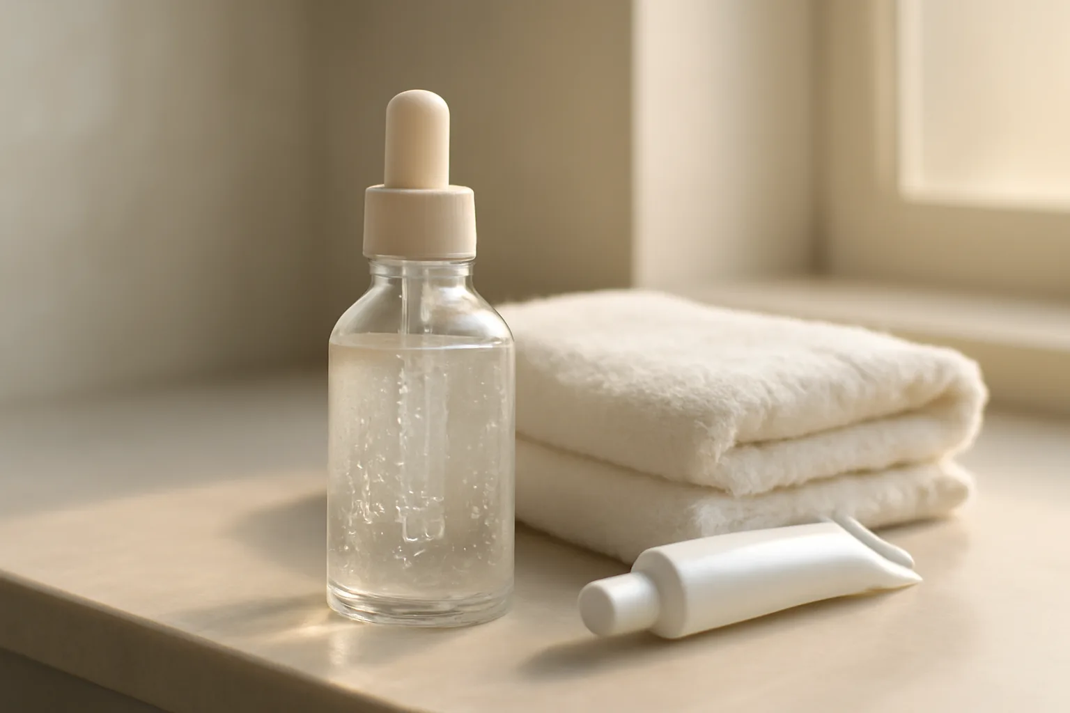 Skincare gel bottle and towel on a bathroom counter in morning light