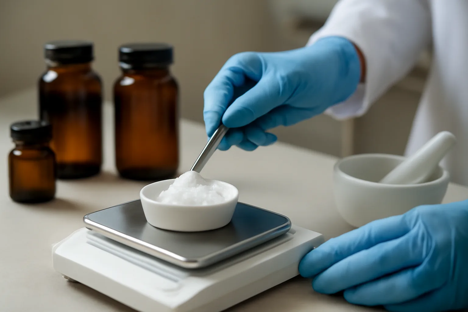 Pharmacist weighing dapsone powder on a scale in a compounding pharmacy lab