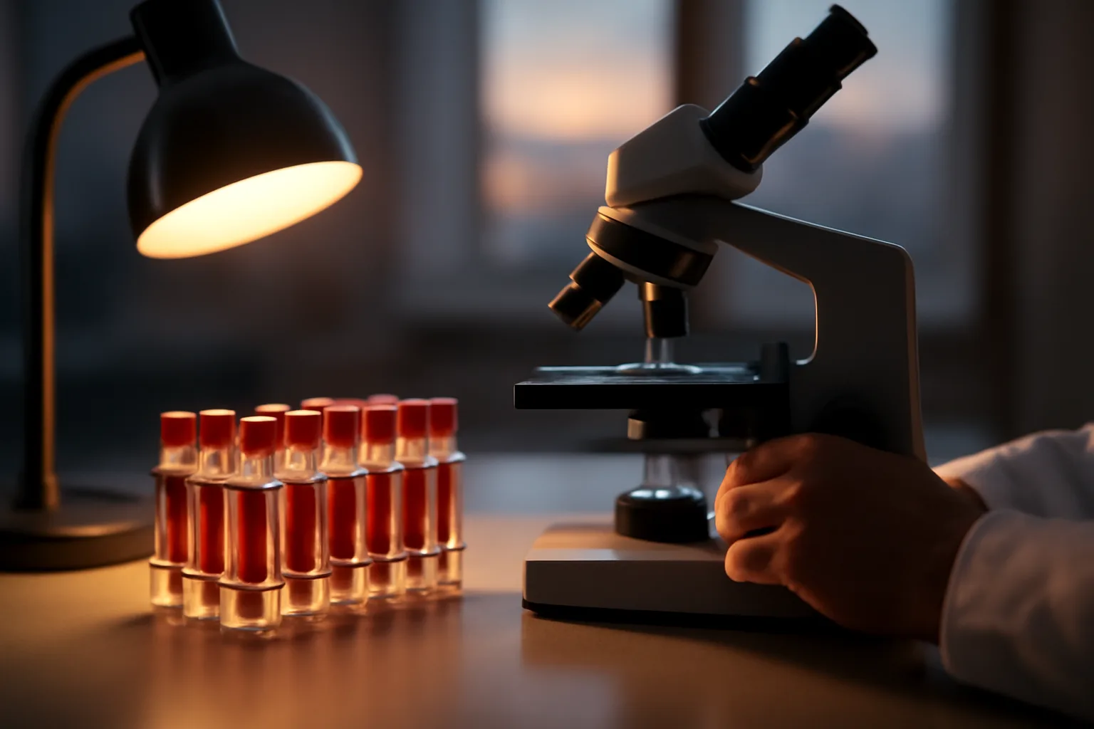 Laboratory bench with blood sample vials and microscope illustrating dapsone research evidence