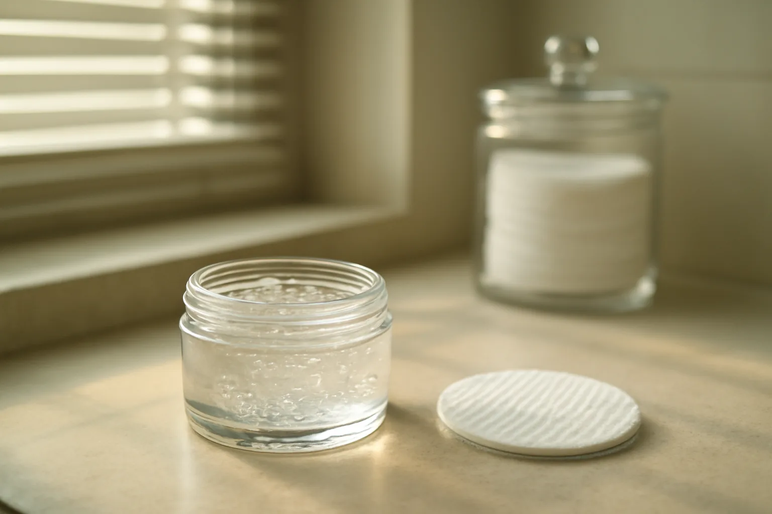 Dermatology countertop with topical gel jar in soft natural morning light