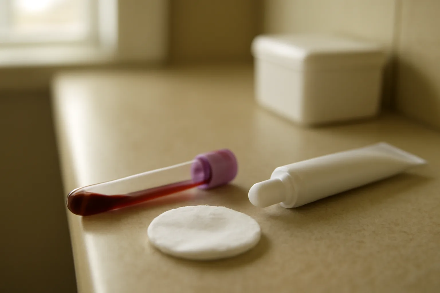 Dermatology exam room countertop showing topical gel tube and blood sample tube side by side