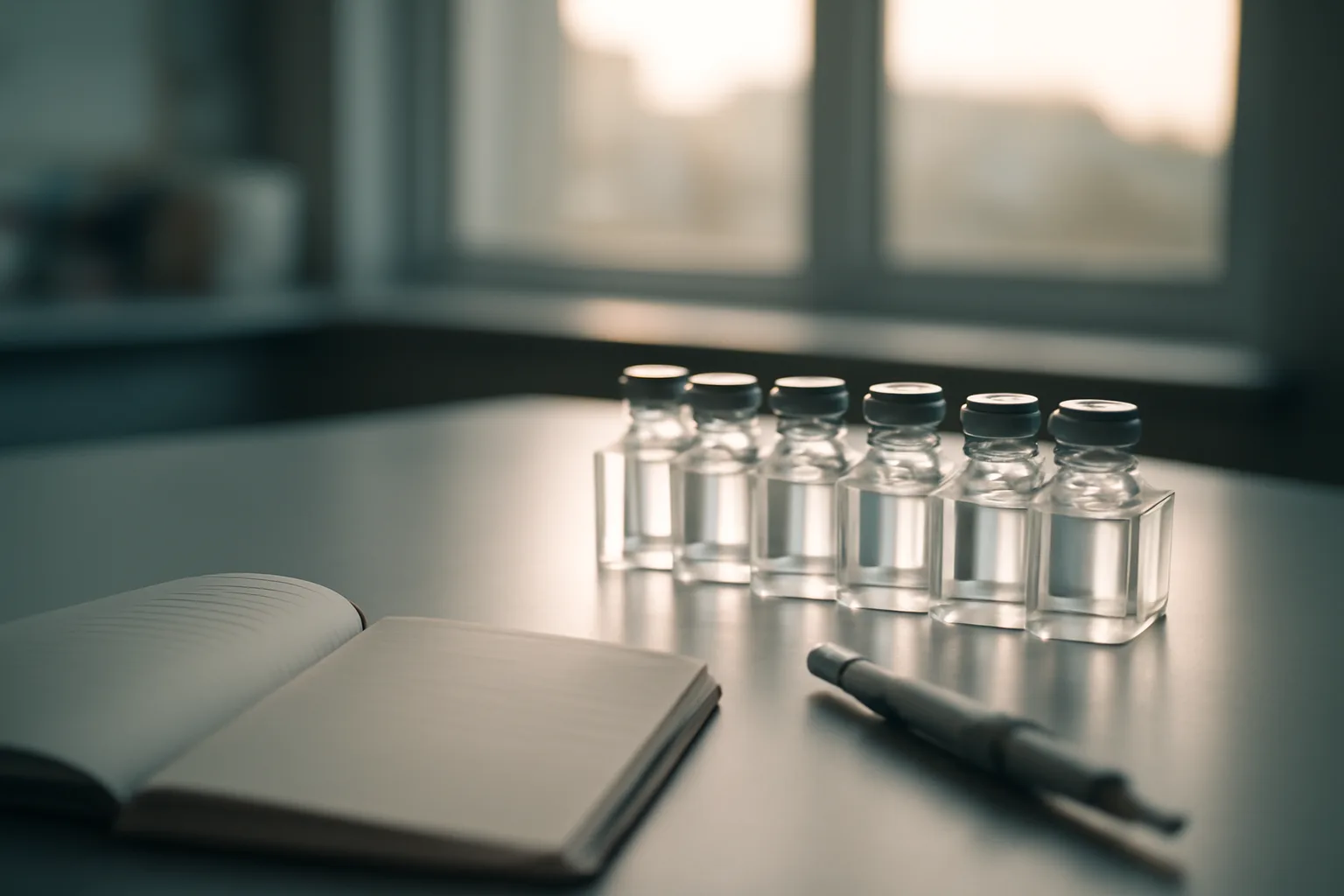 Lab bench with glass vials representing dapsone clinical trial research setting