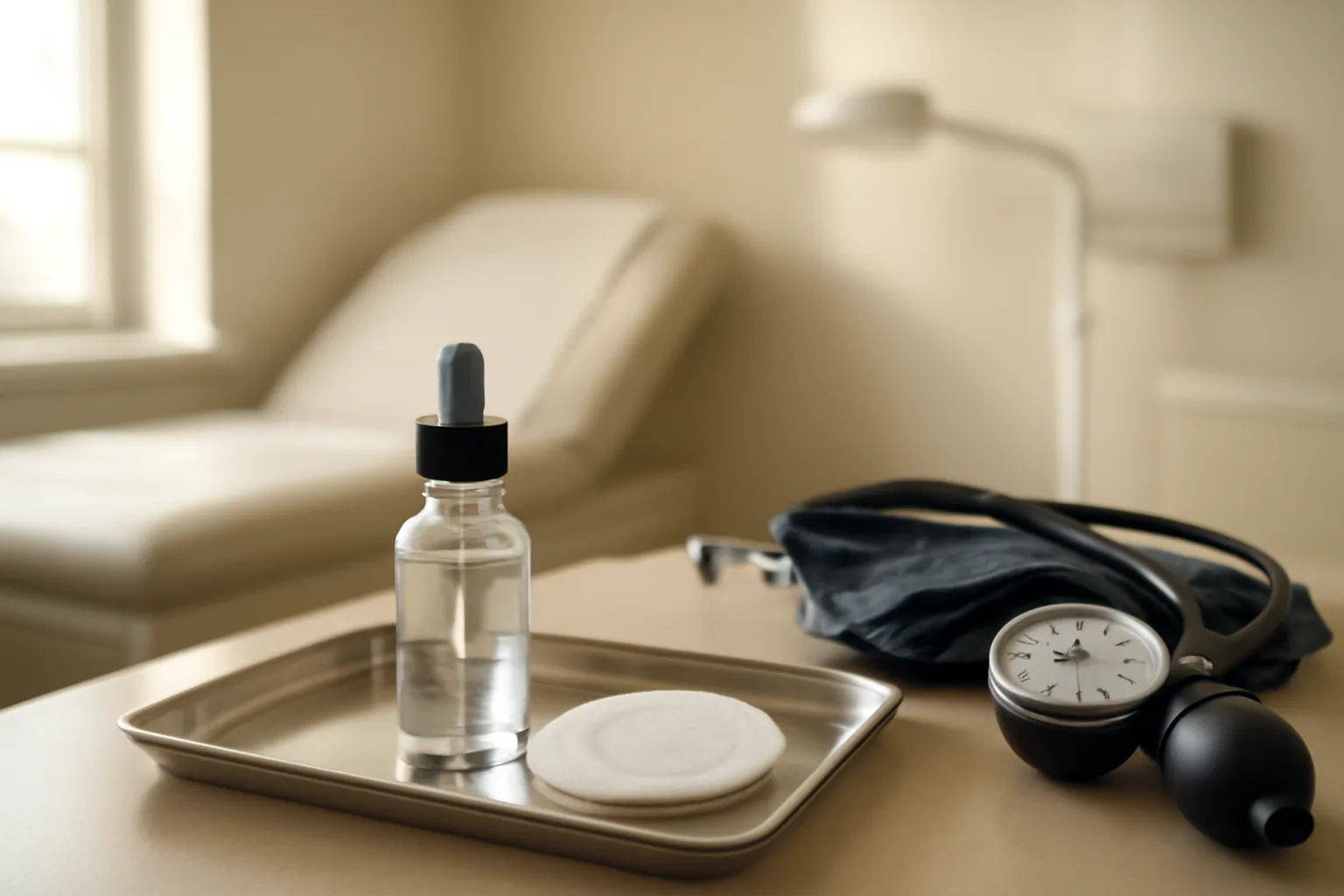 Dermatology exam room tray showing topical treatment bottle used in dapsone human studies research