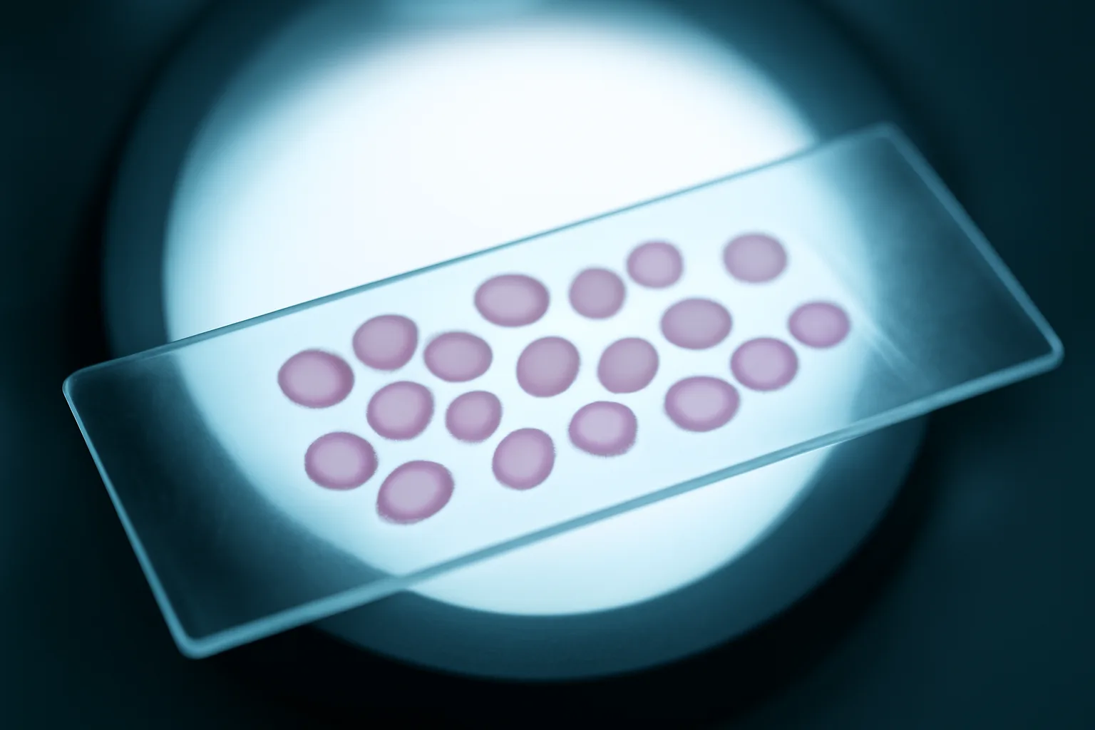 Microscope light illuminating red blood cells, representing dapsone's oxidative mechanism on blood cells