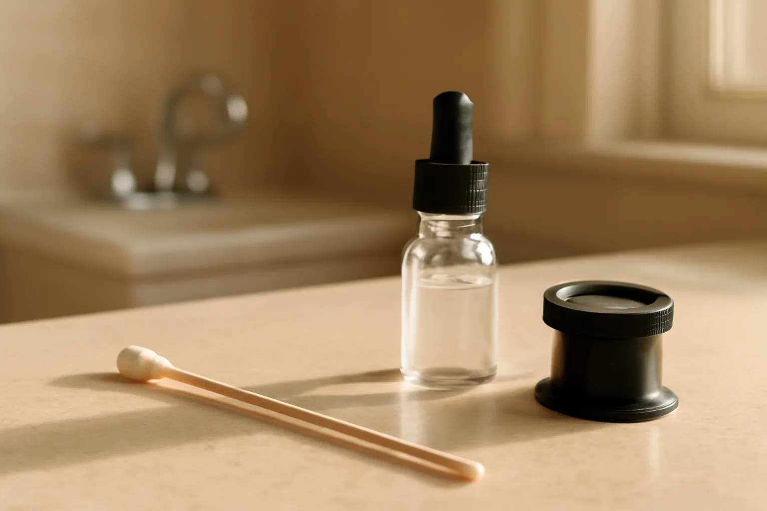 Dermatology exam room counter with skincare tools in warm natural light