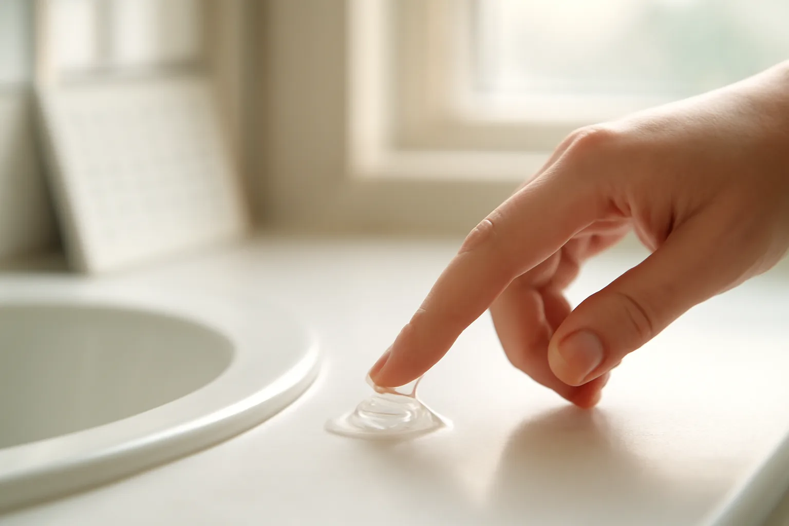 Hand applying topical gel near a sink, illustrating dapsone results timeline for acne treatment