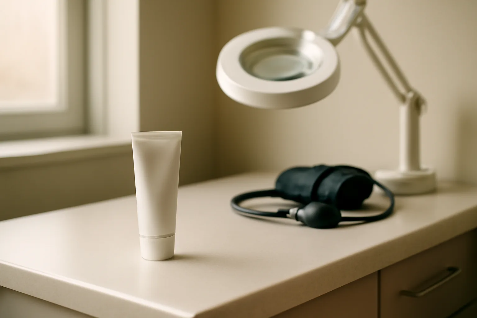 Dermatology exam room counter showing topical treatment tube under soft clinical light