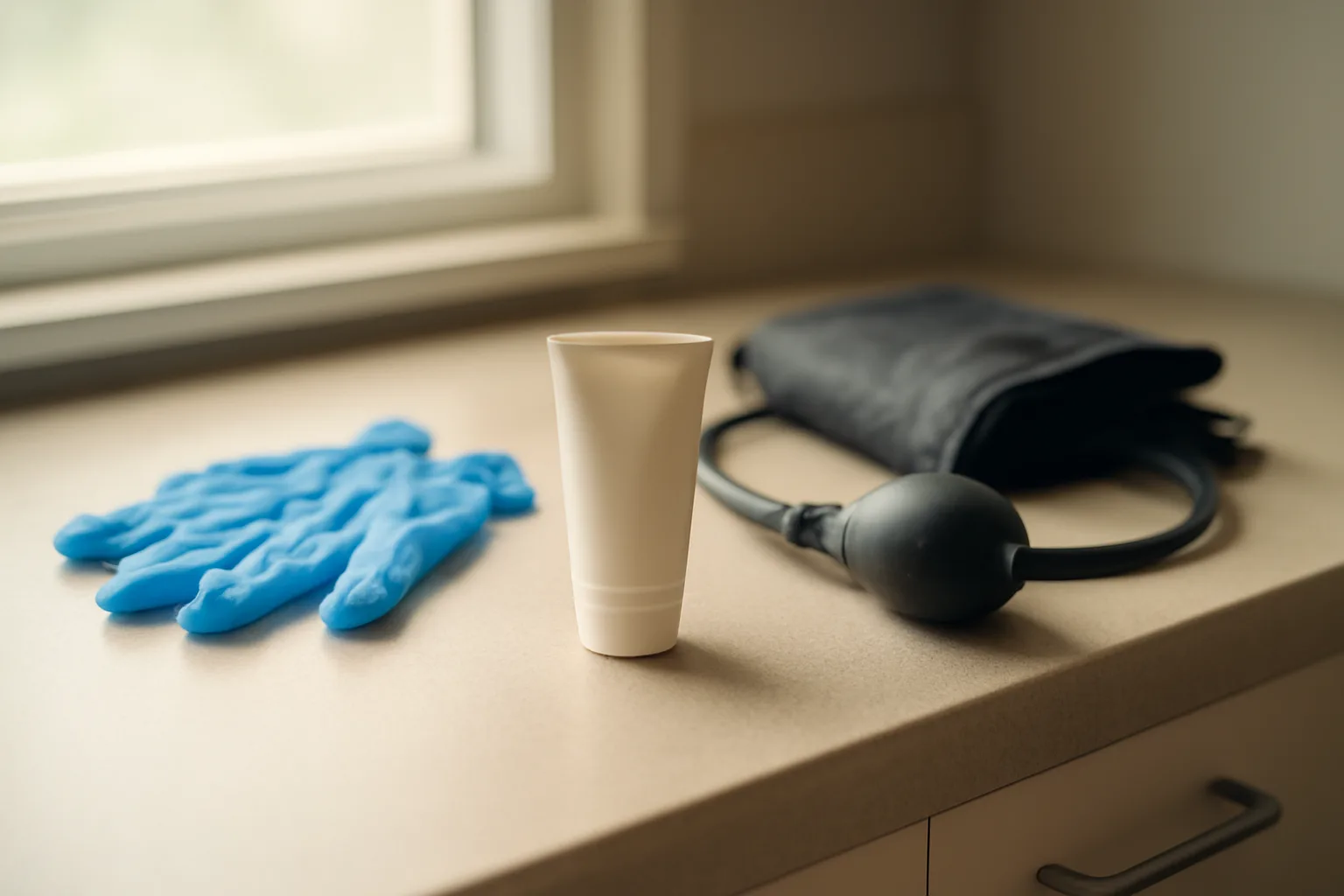 Dermatology exam room countertop with topical gel tube and medical supplies in morning light