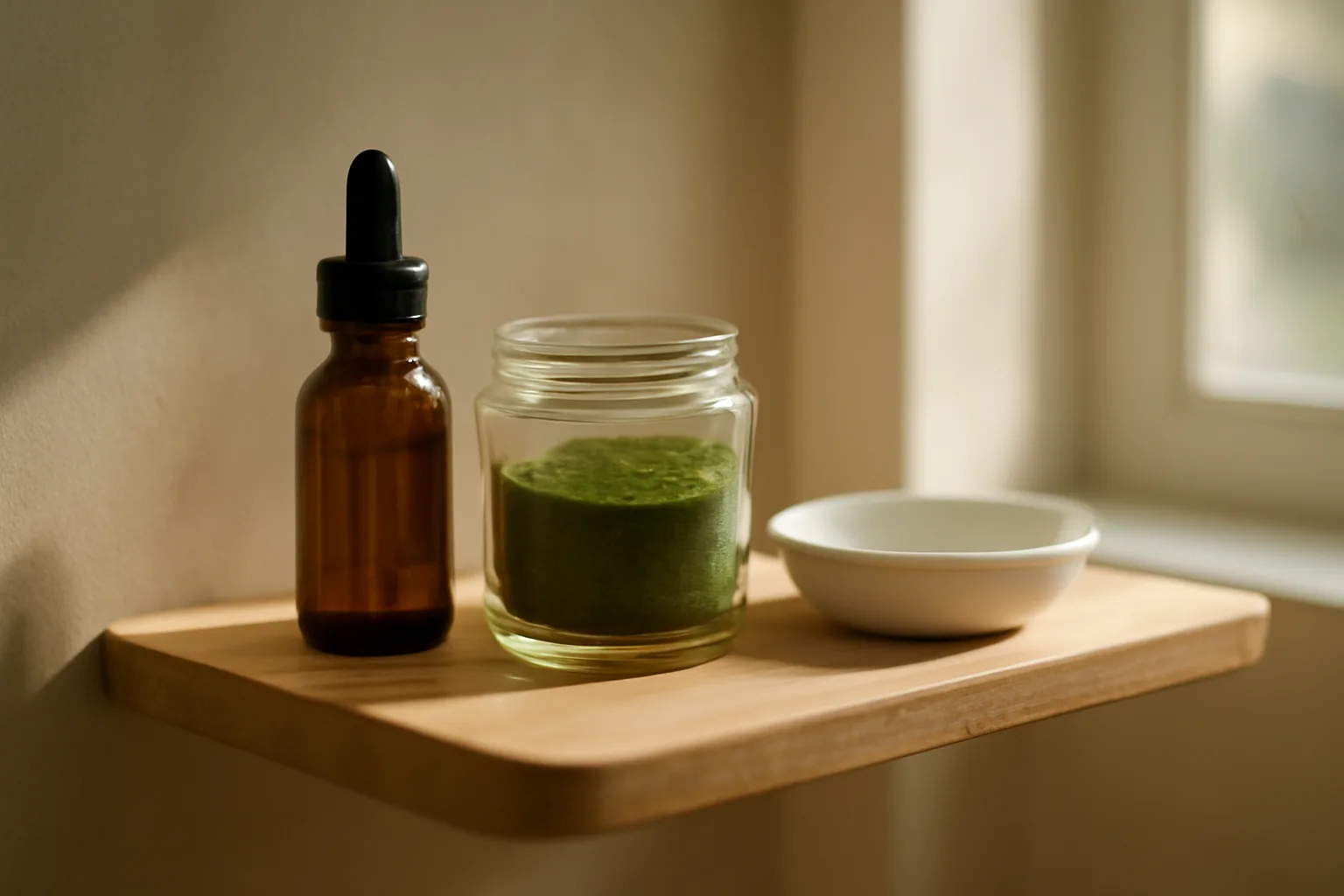 Natural skincare ingredients on a shelf beside dropper bottle in morning light