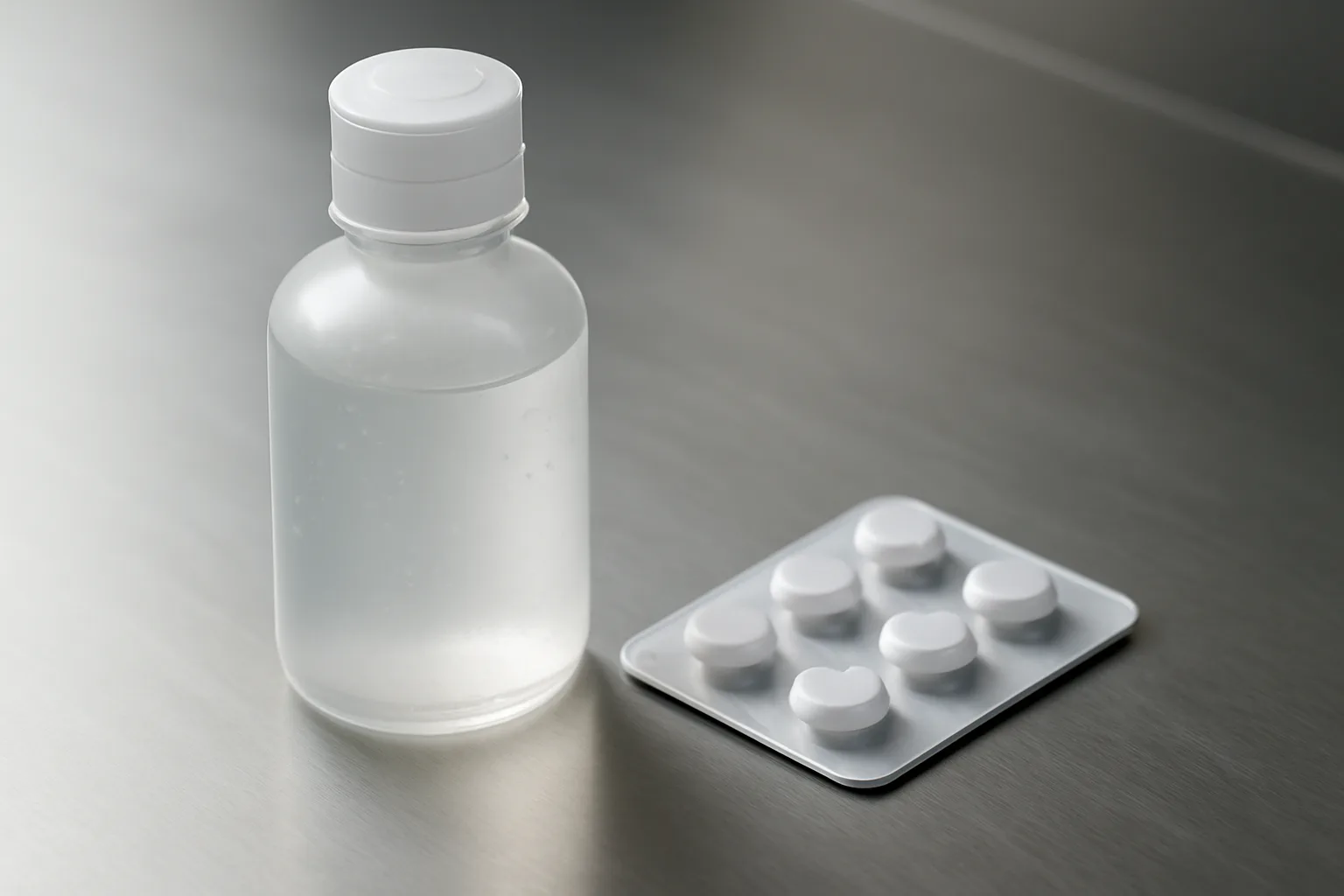 Topical gel bottle and oral tablets on a clinic counter, illustrating dapsone acne treatment forms