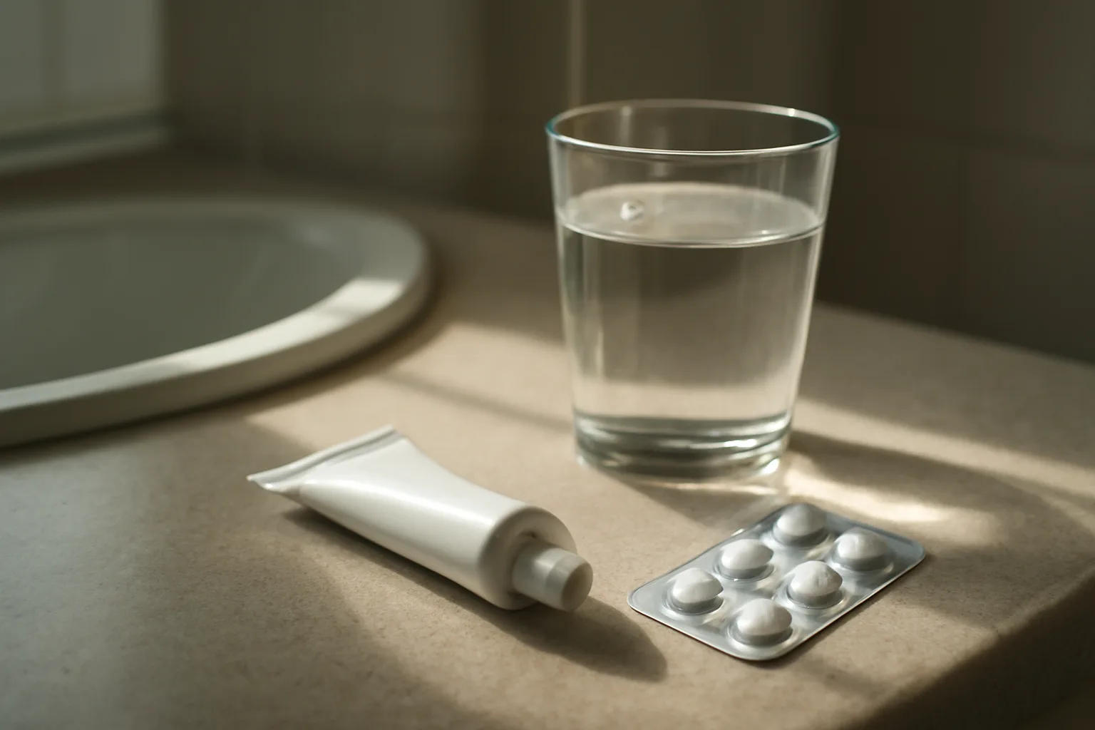 Bathroom counter with topical gel tube and birth control pills in morning light