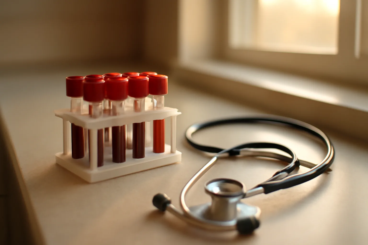Blood sample tubes in a lab rack representing dapsone interaction and G6PD safety testing