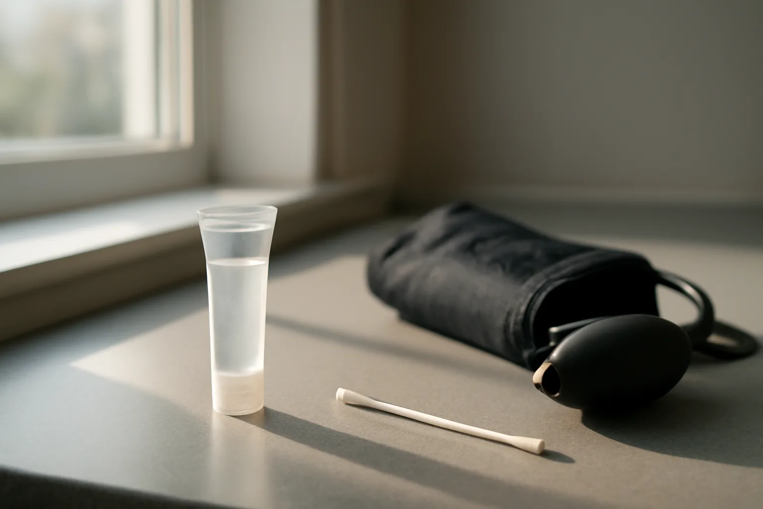 Dermatology exam room countertop with topical medication tube and basic clinical supplies