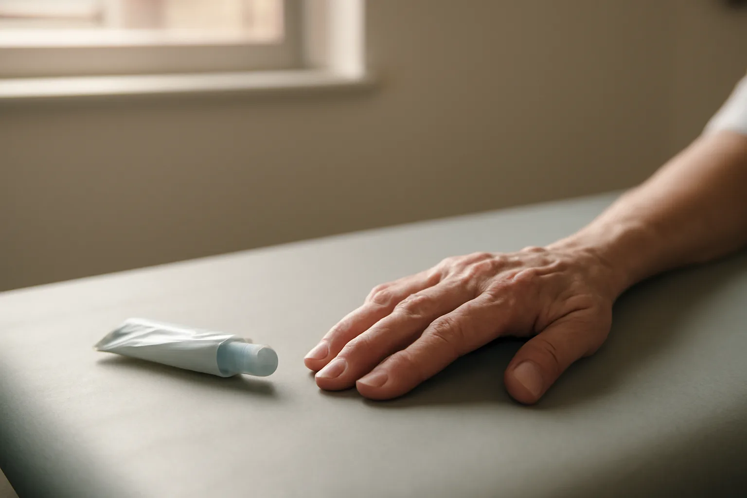 Older adult's hand near a topical gel tube on a clinic exam table