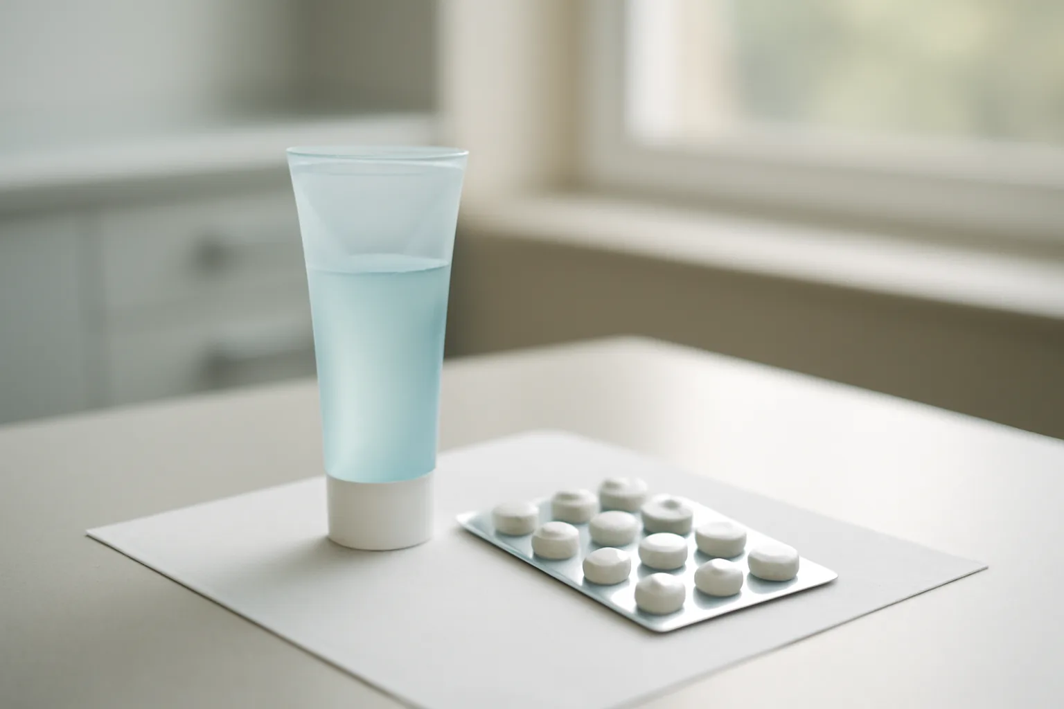Topical gel tube and oral tablets shown side by side representing dapsone's two real forms