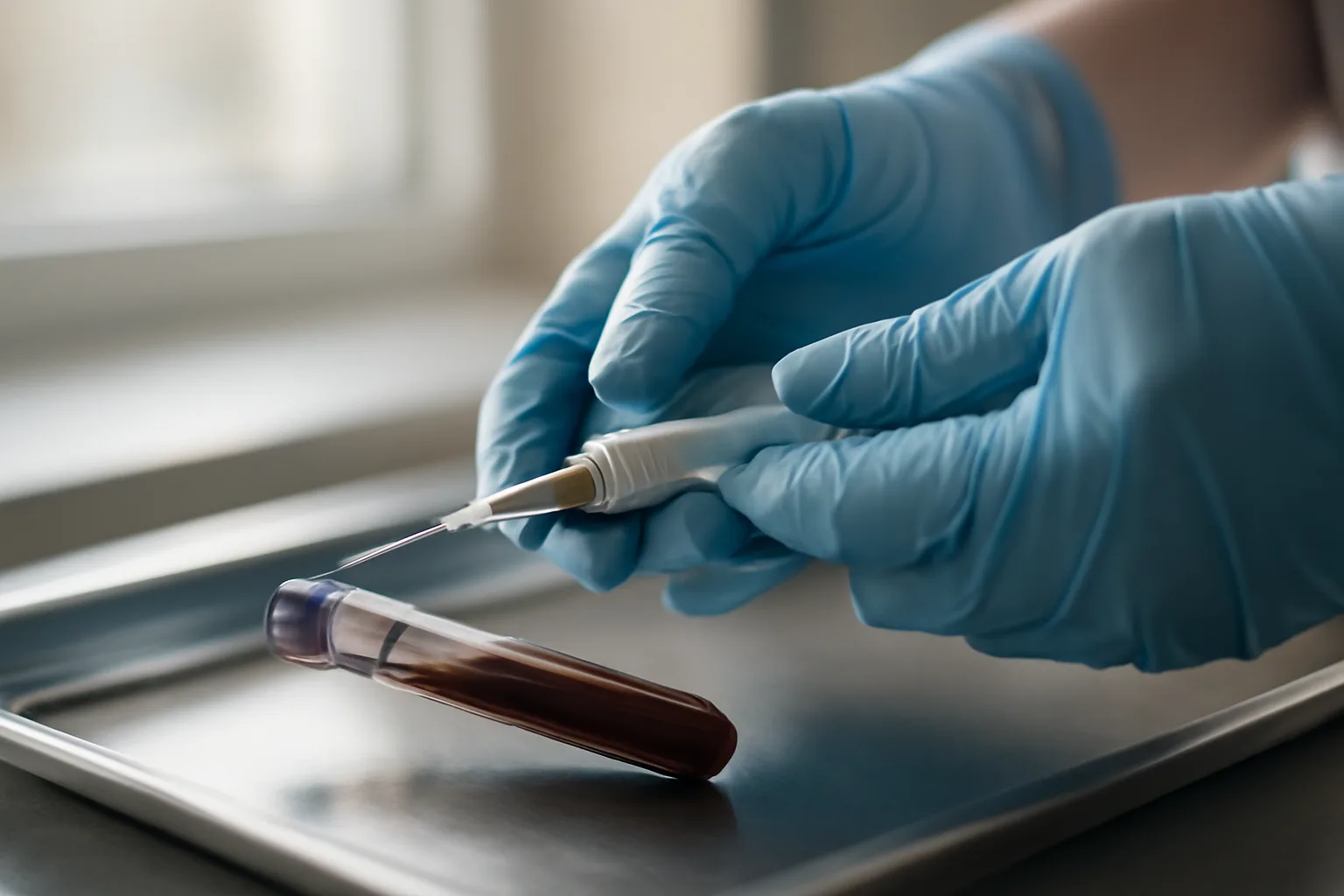 Gloved hands drawing a blood sample for routine dapsone monitoring bloodwork