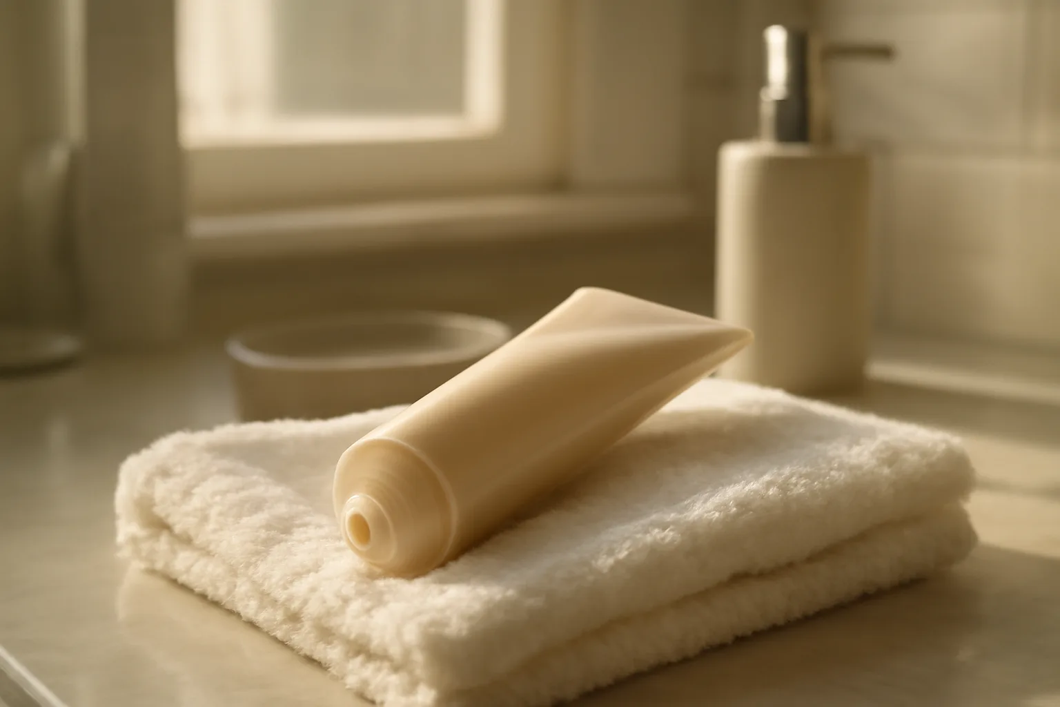Tube of topical acne gel on a towel in soft morning bathroom light