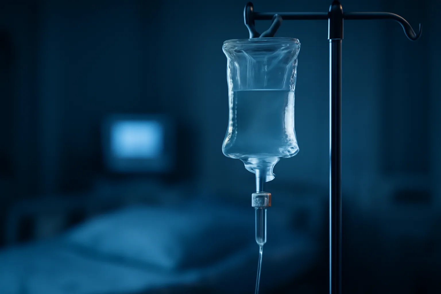 IV drip in dim hospital room evoking dapsone overdose emergency treatment