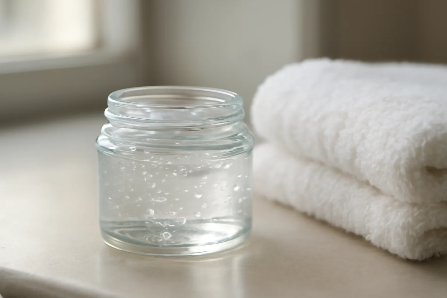 Clear topical gel jar on a bathroom shelf representing dapsone acne treatment