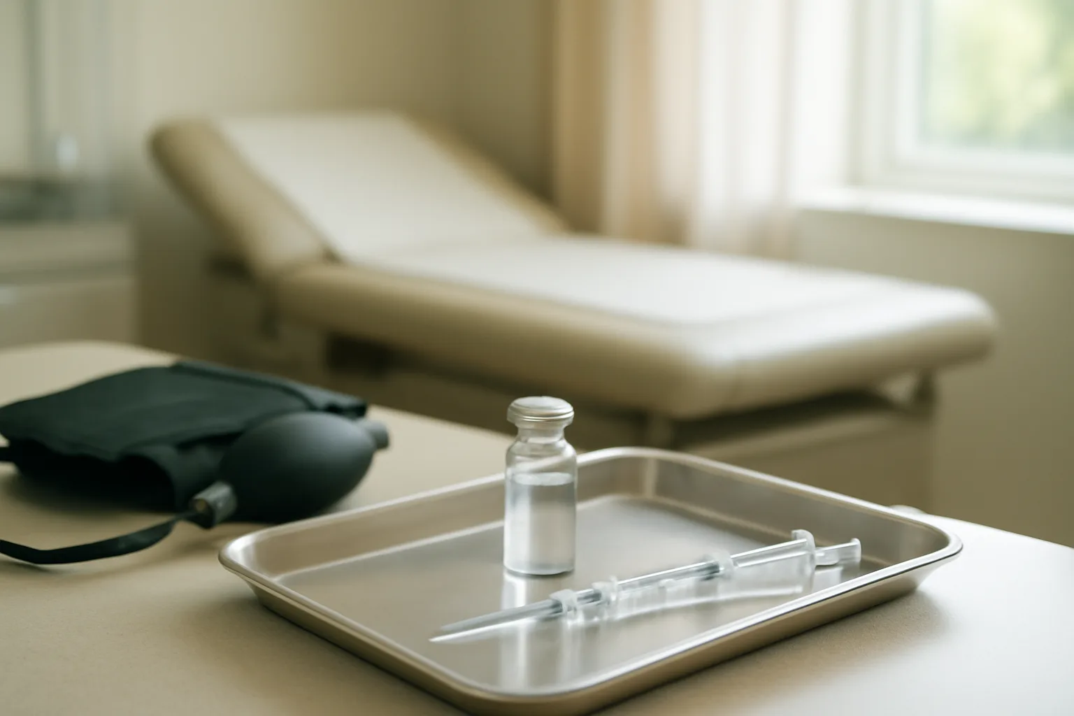 Exam room tray with vial and syringe representing dapsone safety monitoring