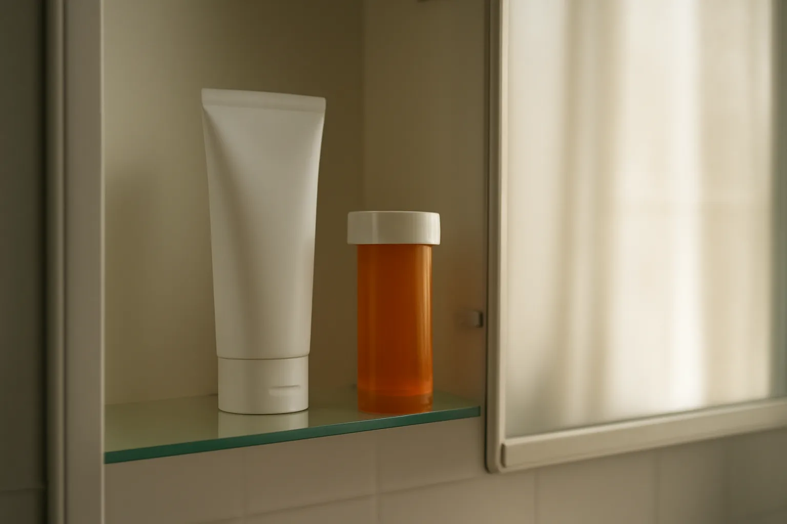 Medicine cabinet shelf holding a gel tube and pill bottle in soft light