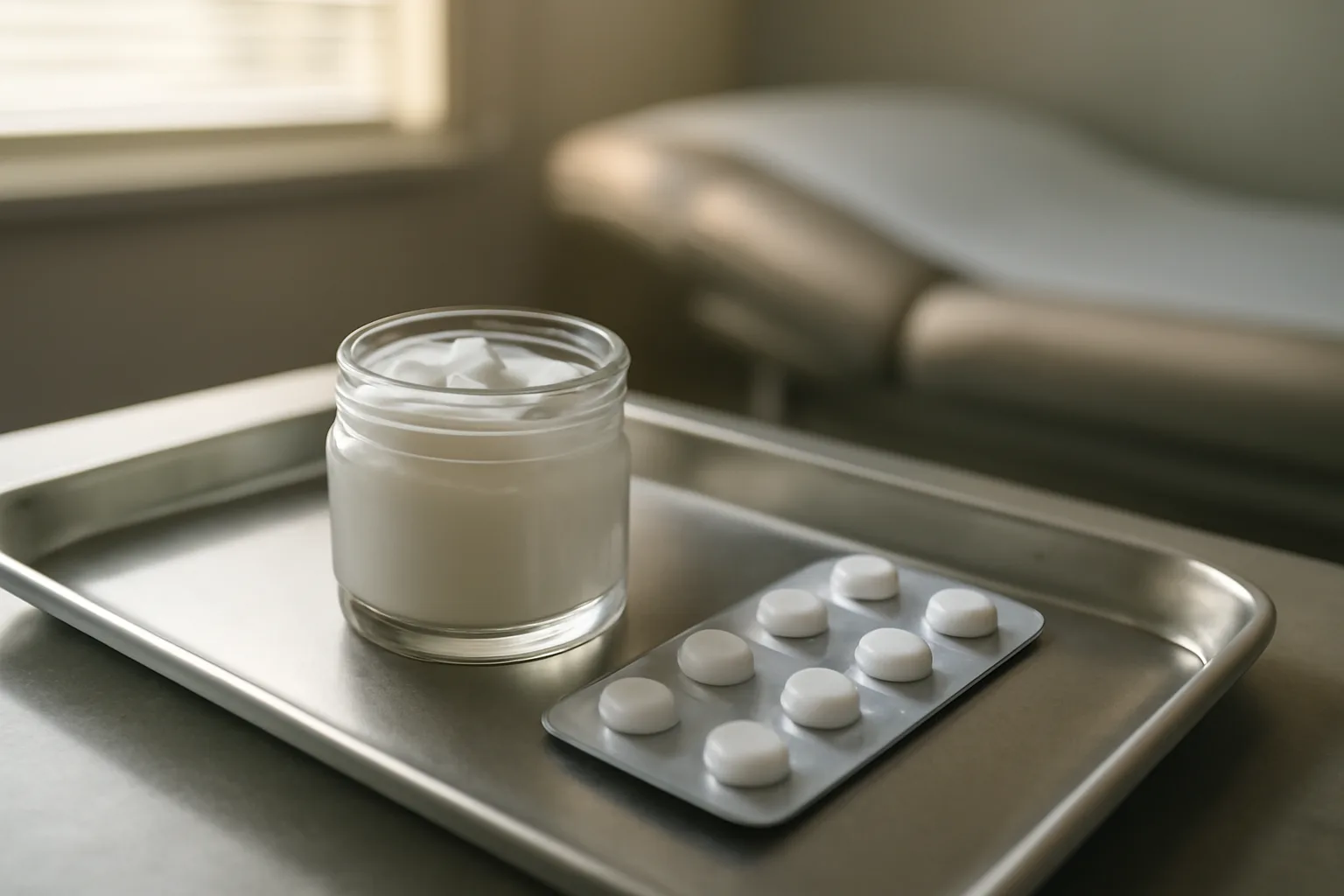 Topical gel jar and oral tablets shown side by side on a clinic tray