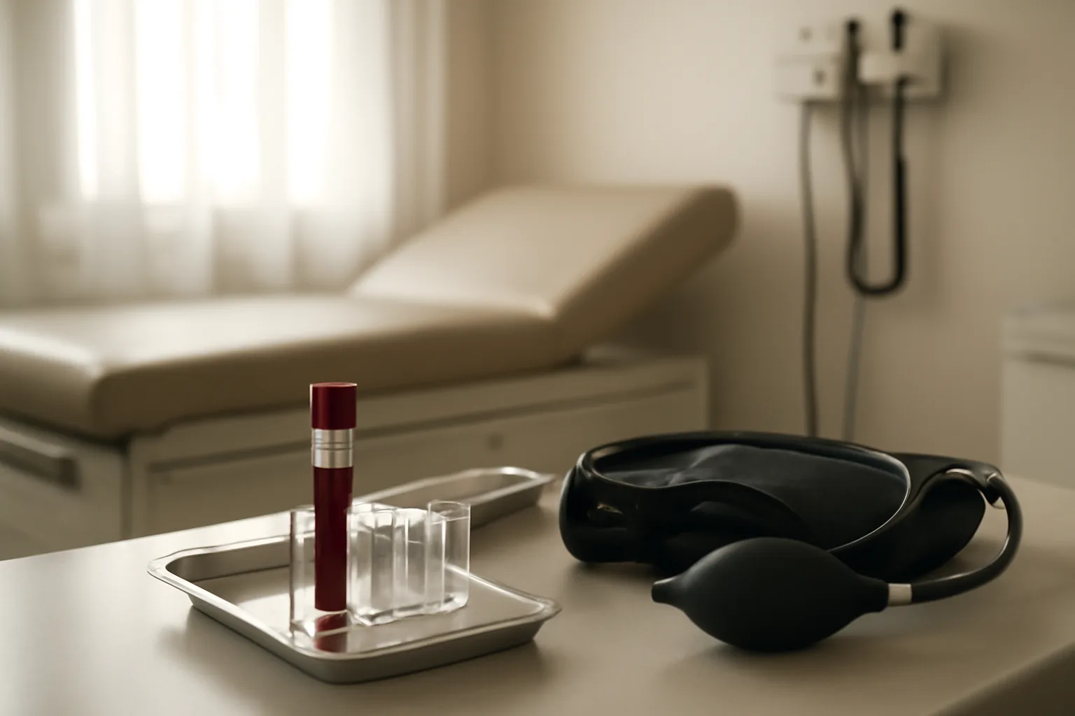 Exam room tray with blood vial rack, evoking G6PD testing before dapsone treatment