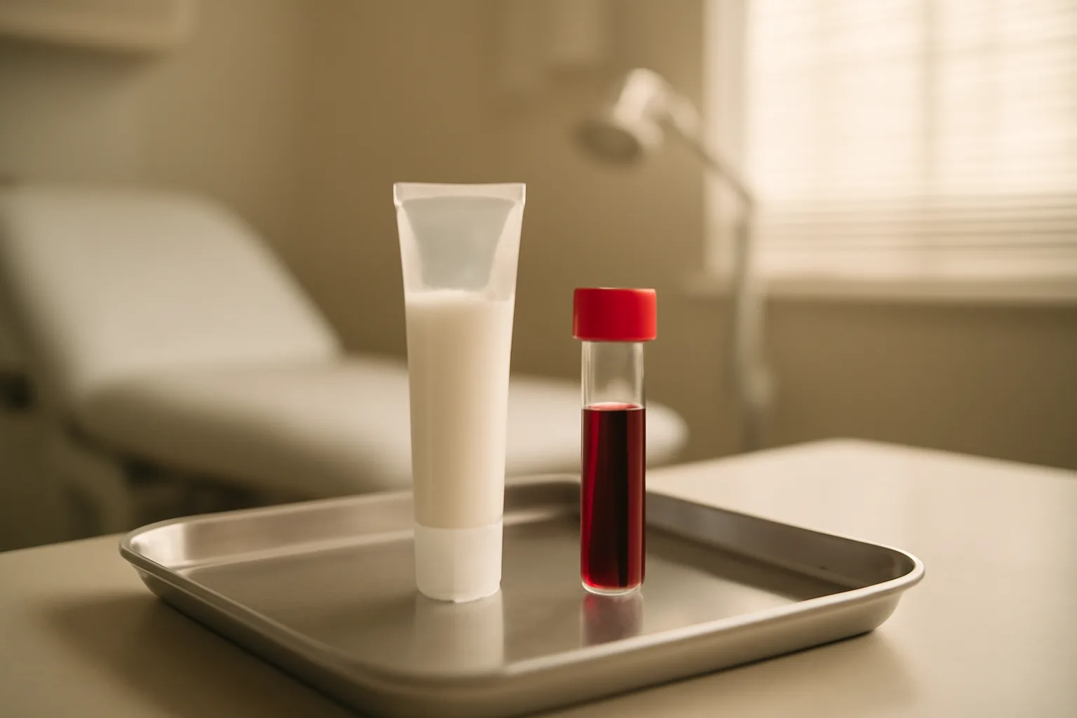 Topical gel tube and blood sample vial side by side representing dapsone forms