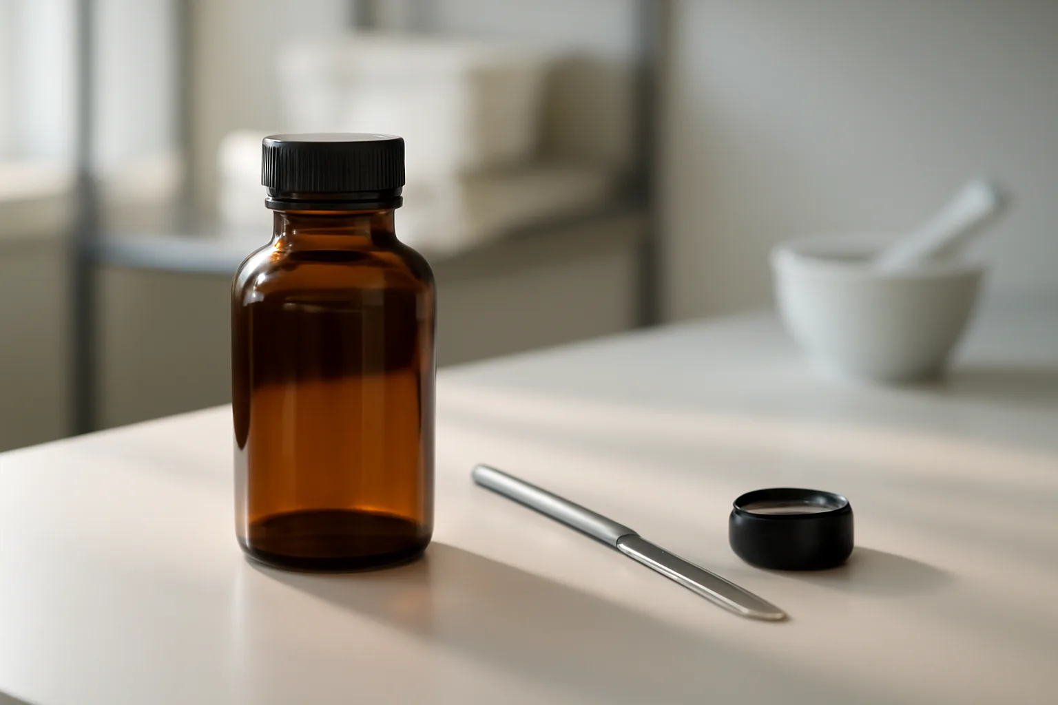 Amber compounding bottle and tools on a pharmacy bench under soft light