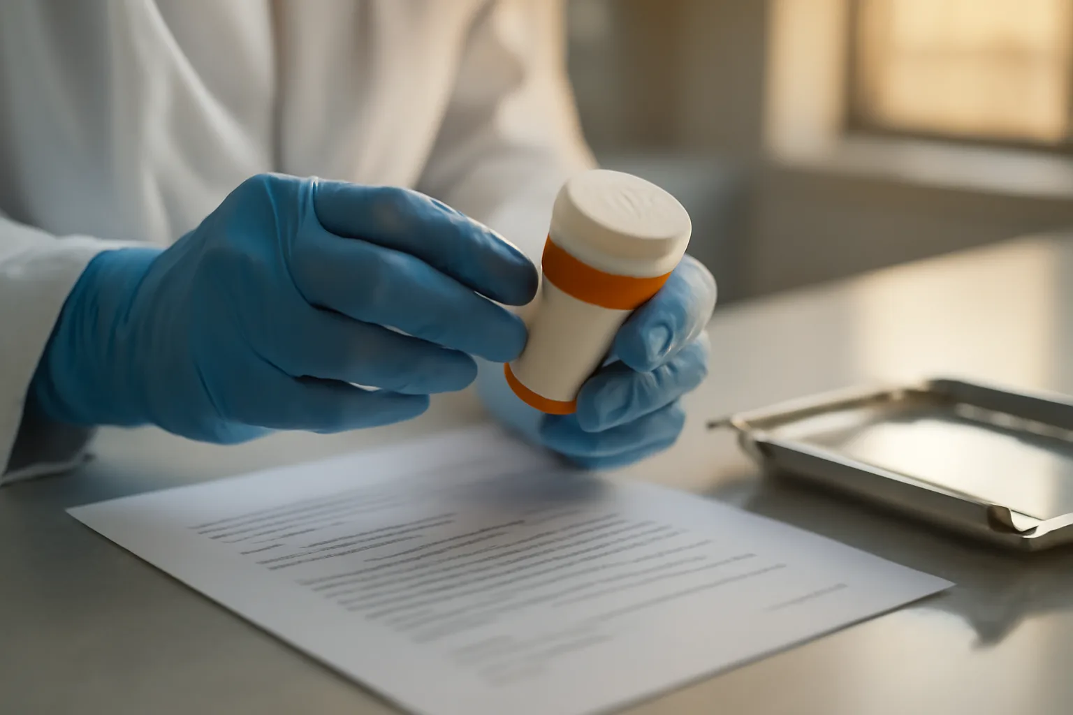 Pharmacist verifying a prescription bottle at a compounding pharmacy counter