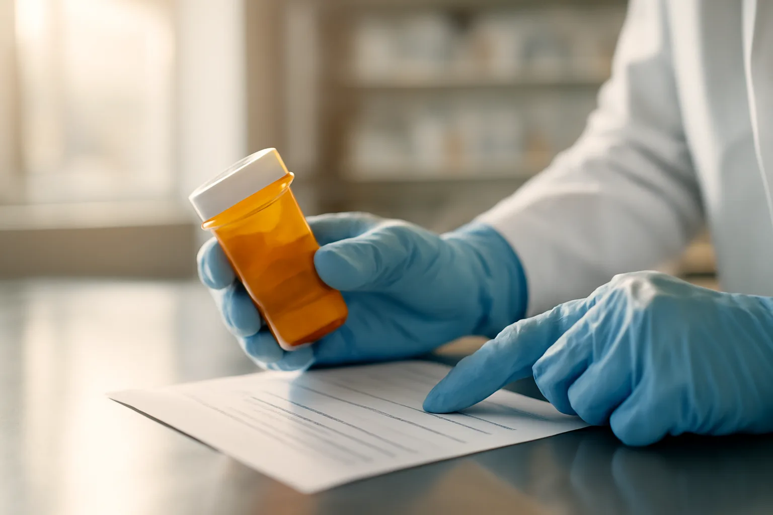 Pharmacist verifying a prescription order at a dispensing counter