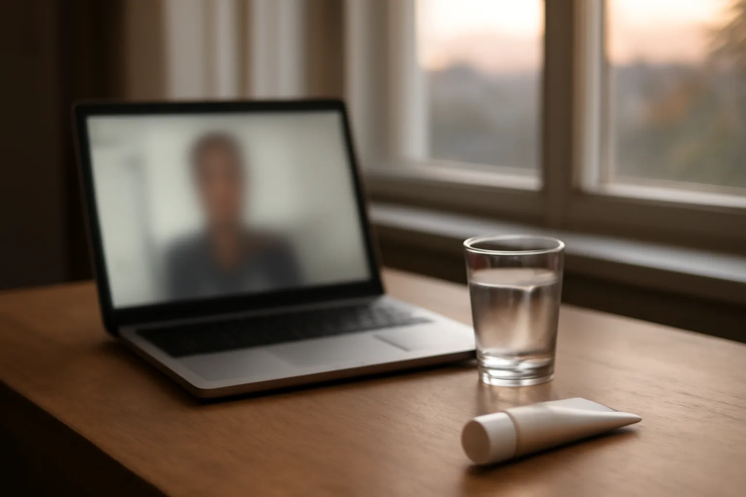 Laptop on a desk set up for a telehealth video visit with skincare product nearby