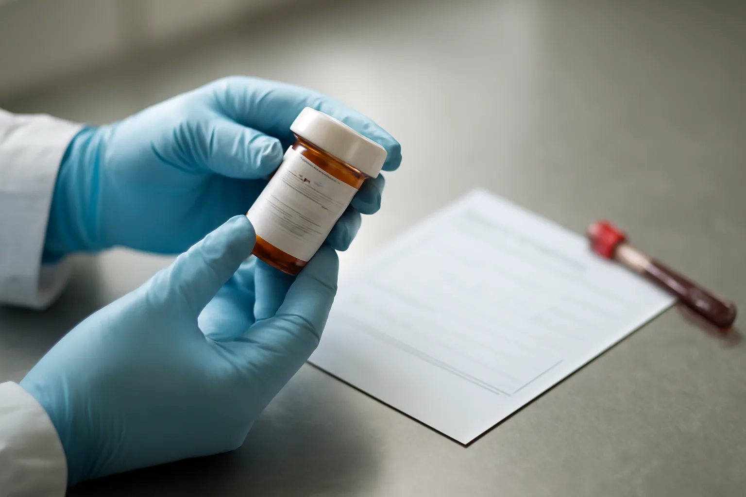 Pharmacist checking a prescription bottle label beside a blood test tube on counter