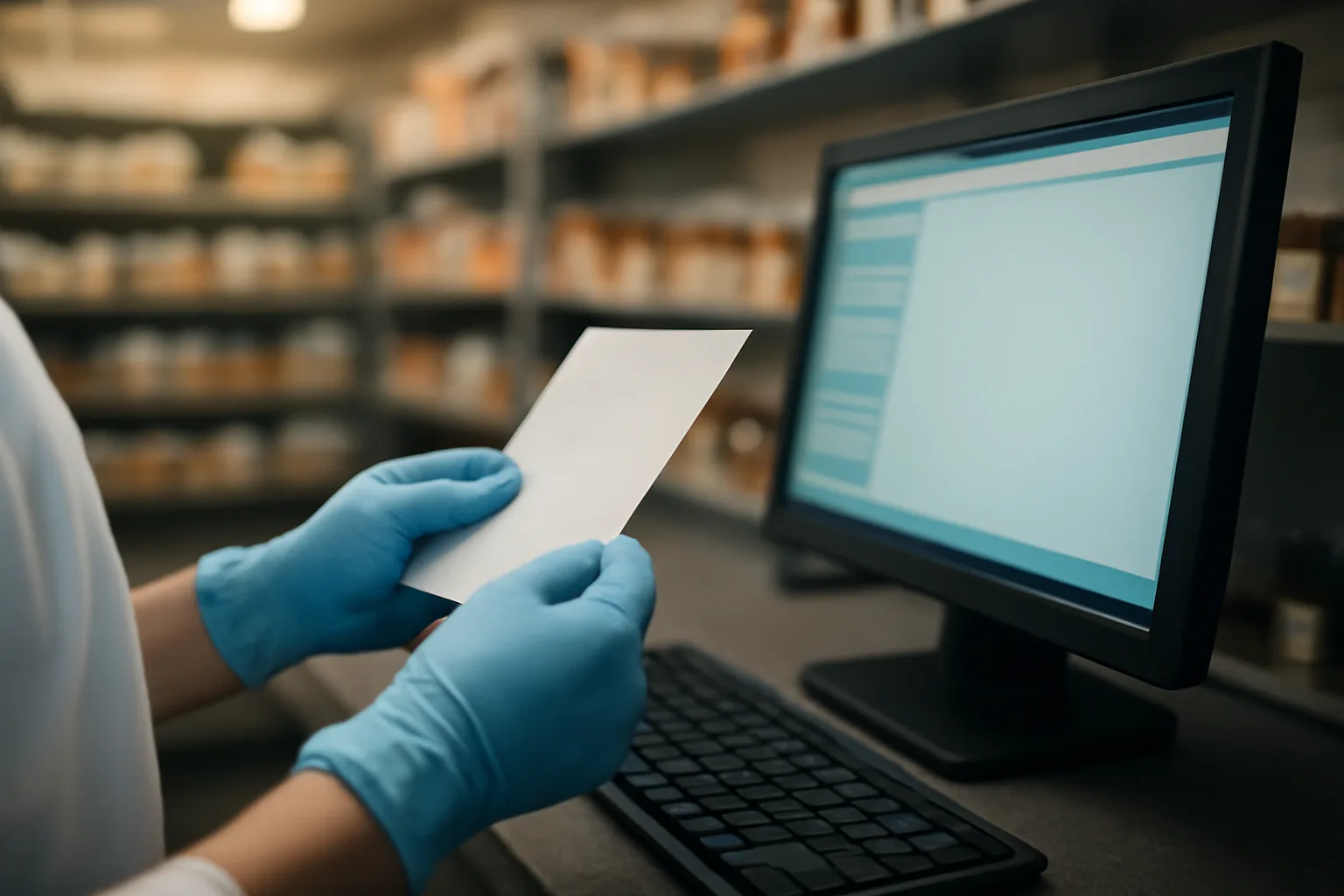 Pharmacist verifying a prescription before dispensing medication at a pharmacy counter